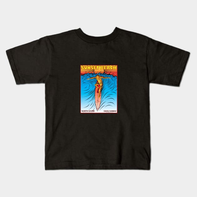 SURFING SUNSET BEACH OAHU HAWAII Kids T-Shirt by Larry Butterworth